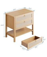 homfan Set of 2 Mid Century Modern Rattan Nightstands, Wooden Bedside Tables with Drawer and Storage Shelf, Narrow Design for Bedroom Living Room