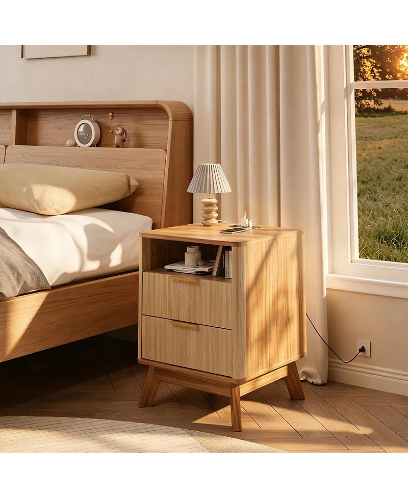 homfan Fluted Nightstand with Charging Station, Curved Side Table 2 Drawers and Open Cubby, Bedroom or Living Room End Table, Single Set of