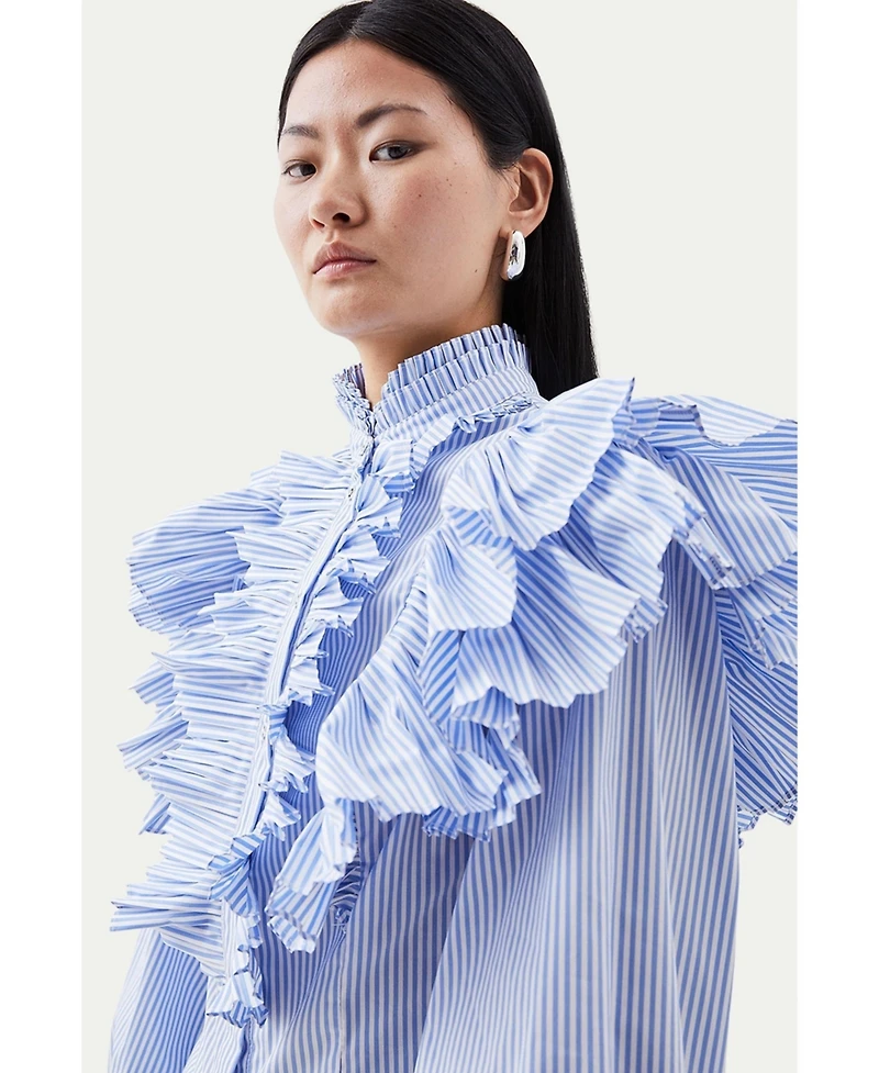Karen Millen Women's Pleated Striped Ruffle Woven Shirt