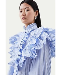 Karen Millen Women's Pleated Striped Ruffle Woven Shirt