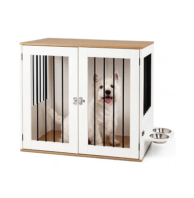 Ruie Wooden Dog Crate Furniture with Double Lock Doors and Rotating Feeder