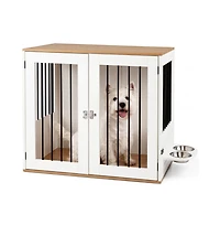 Ruie Wooden Dog Crate Furniture with Double Lock Doors and Rotating Feeder