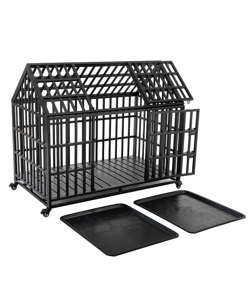 6thdruple Heavy Duty Dog House Crate Large Black Metal Kennel with Roof Door Lockable Wheels