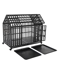 6thdruple Heavy Duty Dog House Crate Large Black Metal Kennel with Roof Door Lockable Wheels
