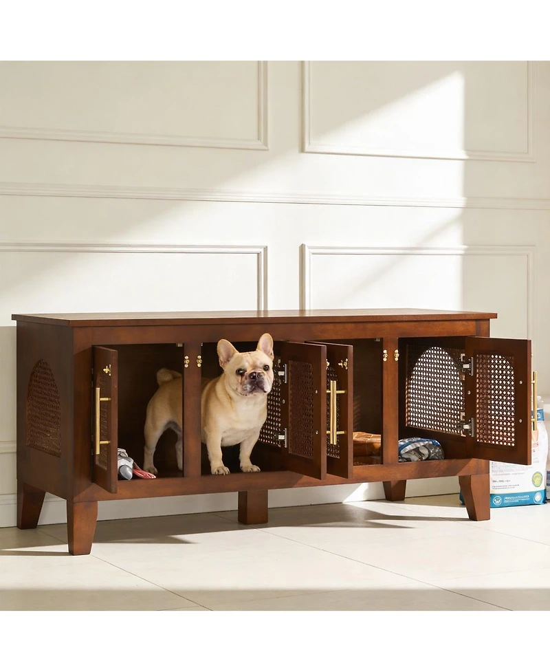 6thdruple Rattan Decor Dog Crate Walnut Rubber Wood Cabinet Furniture with Doors for Living Room