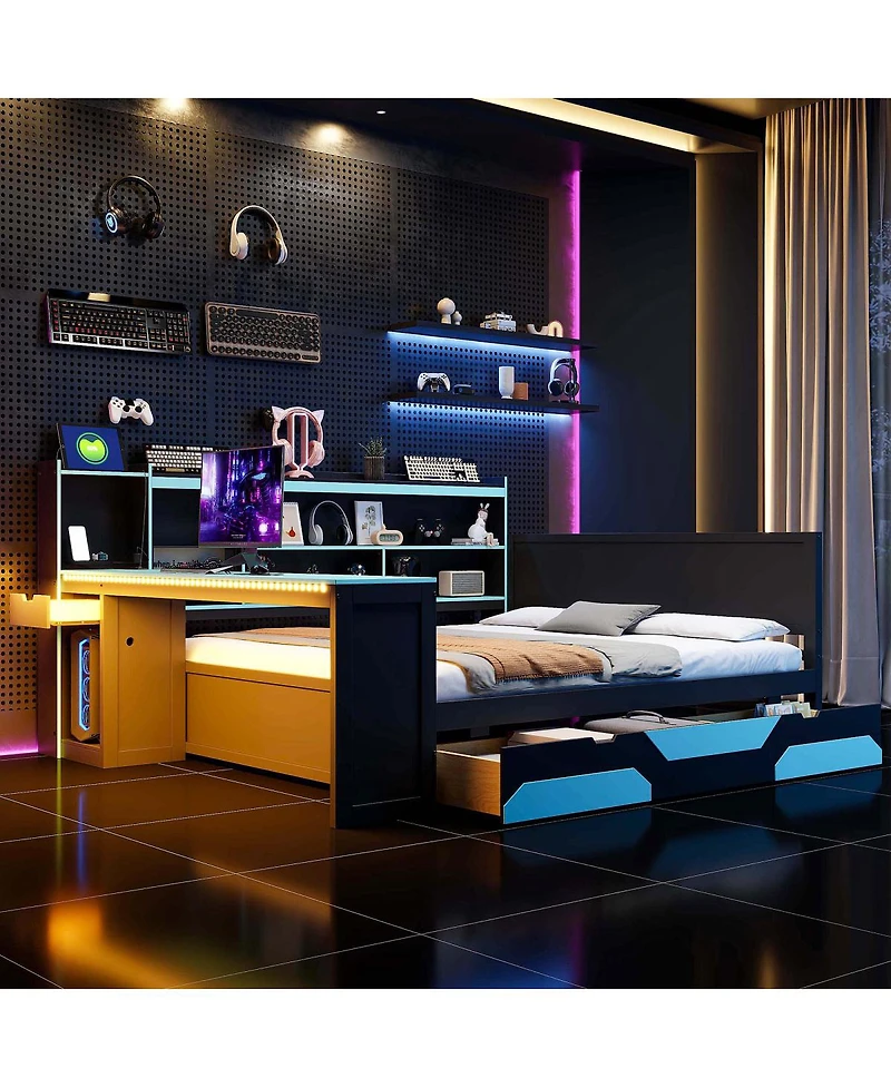 Streamdale Furniture Queen Gaming Daybed with Desk, Storage, Lights and Charging Station