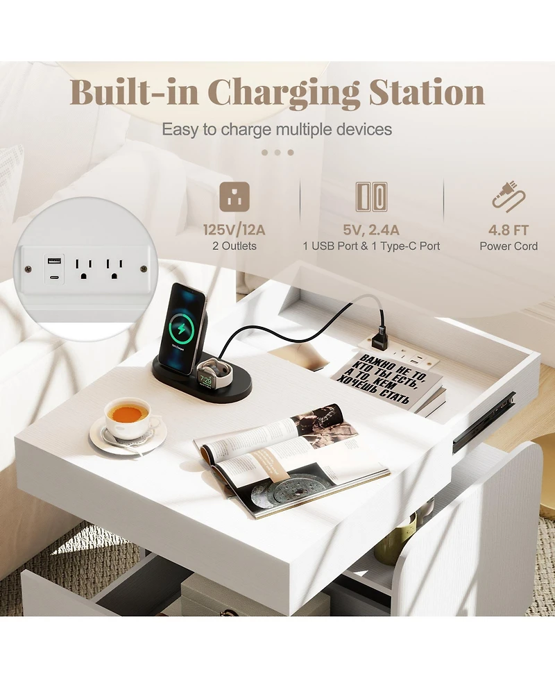 Gymax Nightstand with Charging Station Drawer and Sliding Top Storage Tray Open Shelves