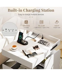 Gymax Nightstand with Charging Station Drawer and Sliding Top Storage Tray Open Shelves