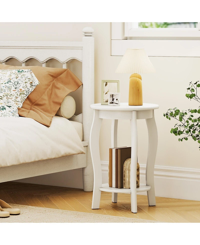 Gymax 2-Tier Round End Table Narrow Sofa Side Nightstand with Storage Shelf and Wood Legs