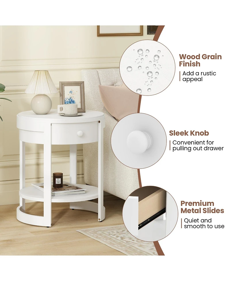 Gymax 2-Tier Nightstand with Shelf and Wood Grains Drawer Round End Table for Living Room