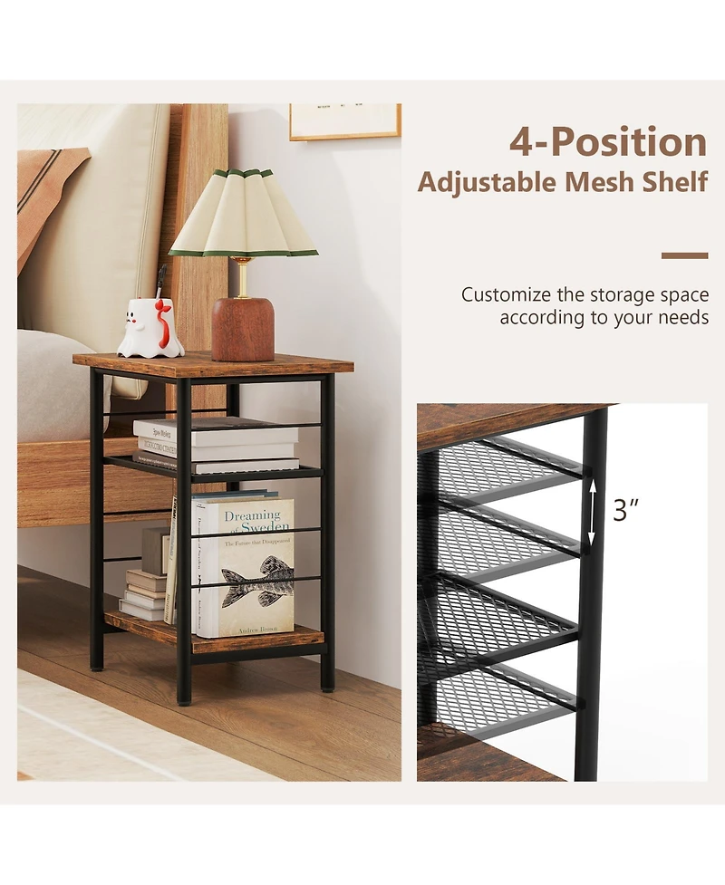 Gymax 3-Tier Side End Table with Adjustable Mesh Shelf Narrow Nightstand