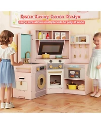Gymax Corner Kitchen with Lights and Sounds Interactive Wooden Playset for Ages three plus