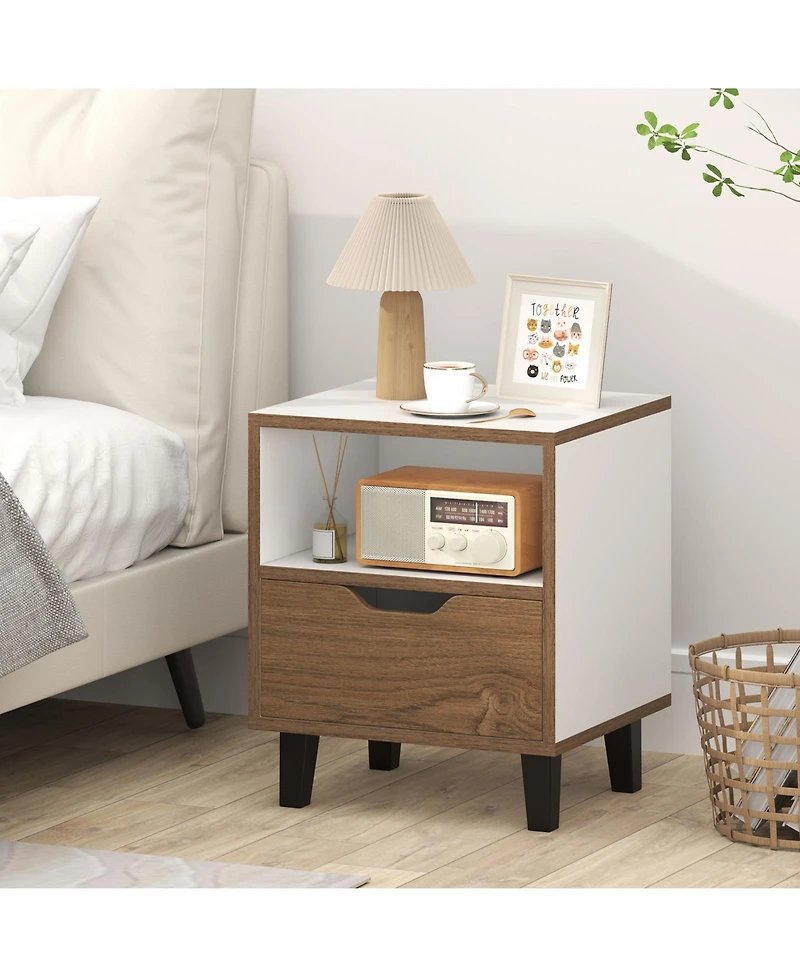 Gymax 2-Piece Nightstand Mid Century Modern Bedside Table with Drawer Open storage Shelf