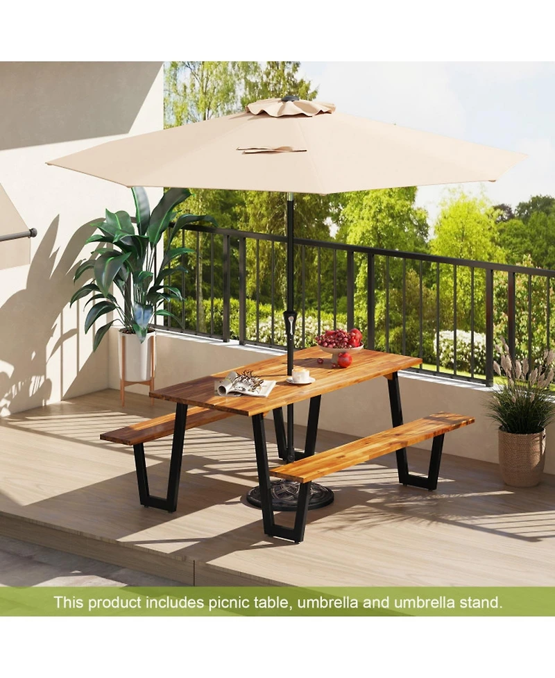 Gouun Outdoor Acacia Wood Picnic Table Set with Tilting Umbrella and Resin Base