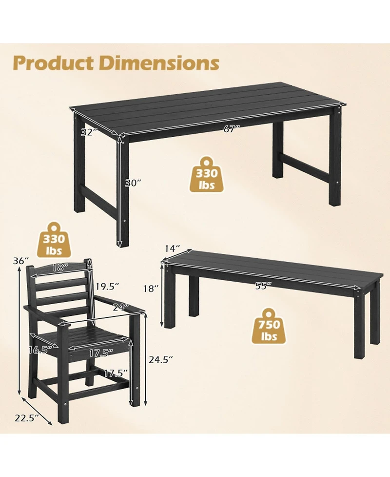Gouun 6 Piece Hdpe Patio Dining Set with 67 in Table, Backless Bench and 4 Armchairs, Umbrella Hole