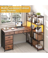 gaomon L-Shaped Gaming Desk with 6 Drawers - Corner Pc Table with Open Shelves, Power Outlets and Led Lights