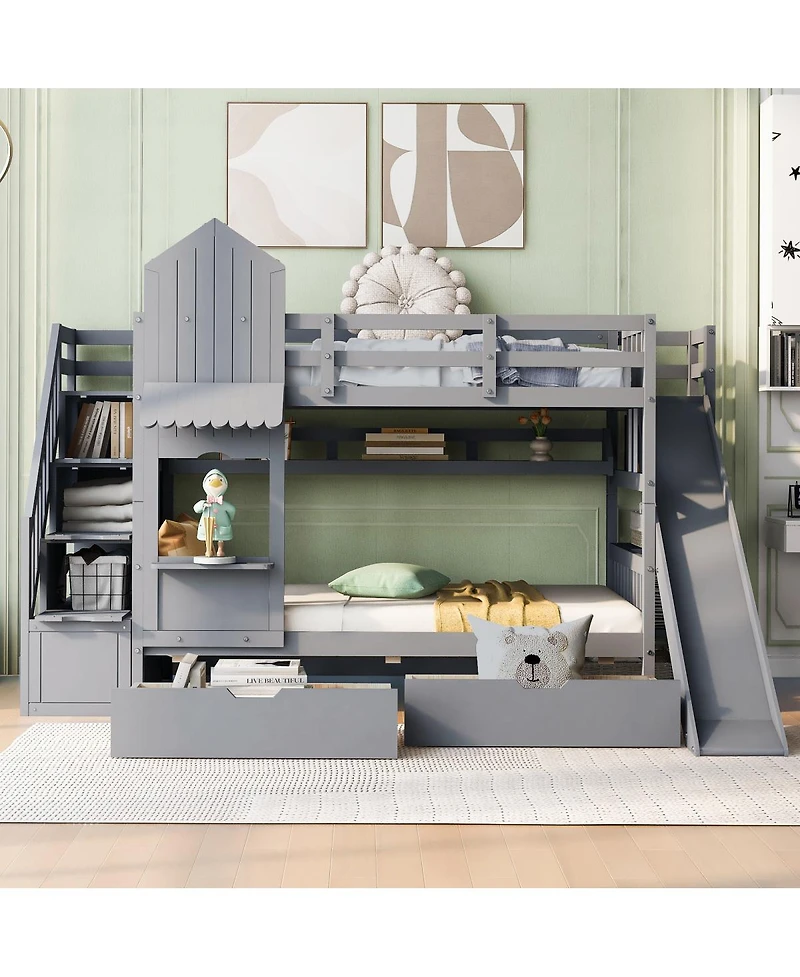 Streamdale Furniture Castle Bunk Bed With Slide, 2 Drawers, 3 Shelves