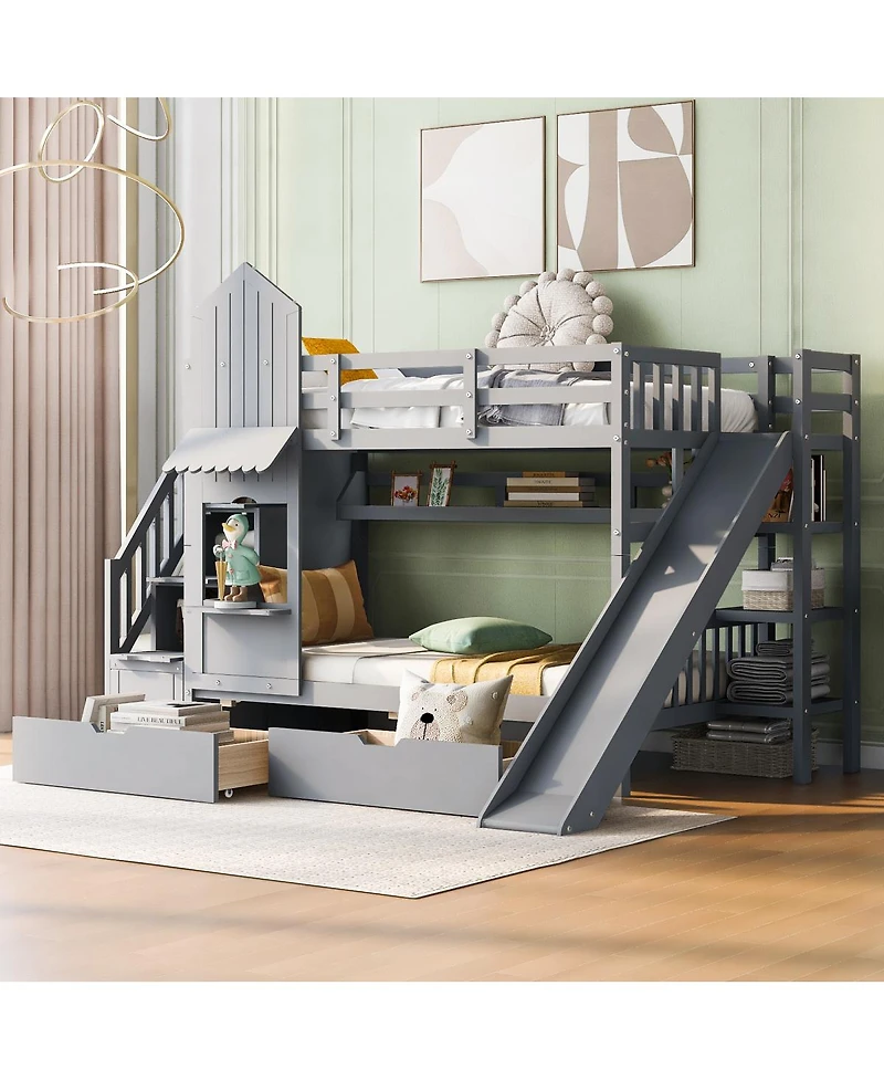 Streamdale Furniture Castle Bunk Bed With Slide, 2 Drawers, 3 Shelves