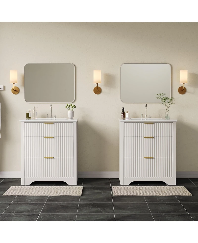 gaomon Fluted Bathroom Vanity with Ceramic Sink Freestanding Cabinet with Soft-Close Drawers and 1 Rotating-Down Drawer 30-Inch