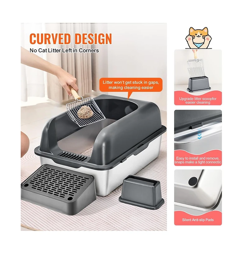 Ruie Xl Stainless Steel Cat Litter Box 6 in Deep with Filter Foot Board and Scoop