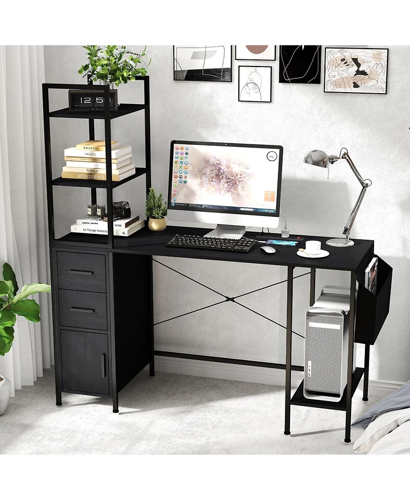 Slickblue Modern Office Desk with Open Shelves Led Lights and Outlets