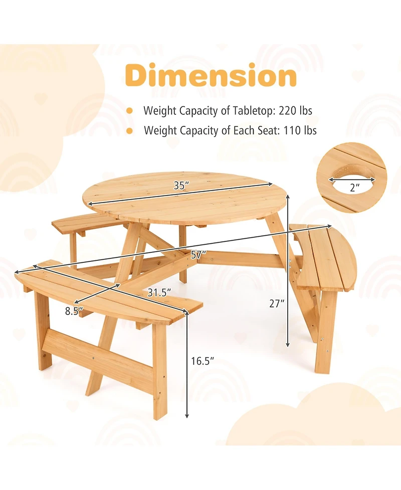 Gymax Kids Outdoor Wooden Picnic Table and Bench Set Umbrella Hole and Built-in Seats