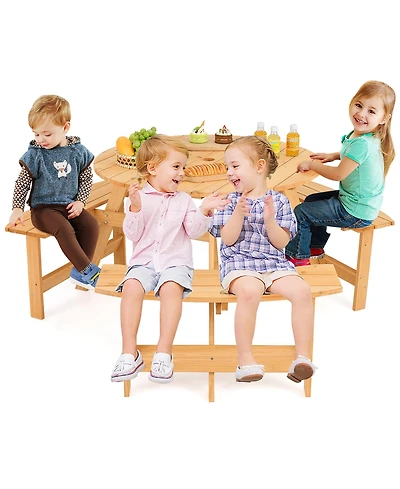 Gymax Kids Outdoor Wooden Picnic Table and Bench Set Umbrella Hole and Built-in Seats