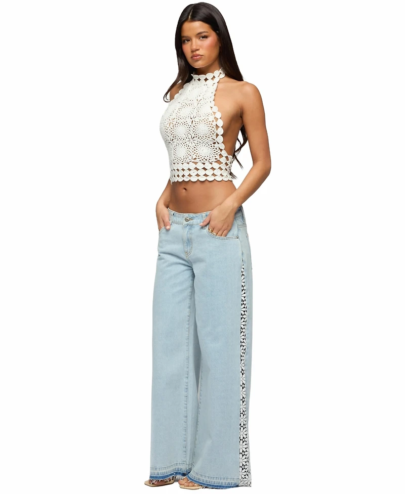Edikted Women's Backless Crochet High Neck Halter Top
