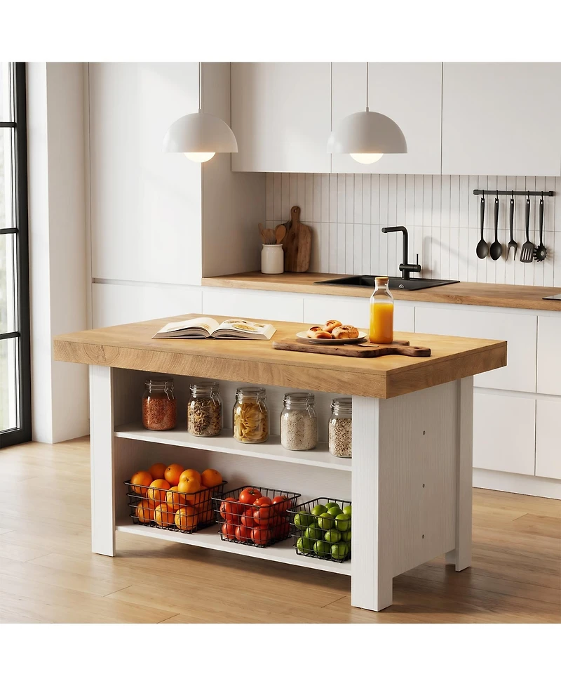 Tribesigns 3-Tier Farmhouse Kitchen Island with Large Worktop and Leg Room,55'' Stationary Island Table with Storage