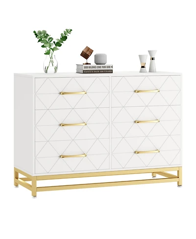 homfan 6-Drawer Dresser with Fabric Bins, Rattan Accent Storage Tower Tv Stand for 40" Tv, Bedroom, Closet, Hallway Organizer