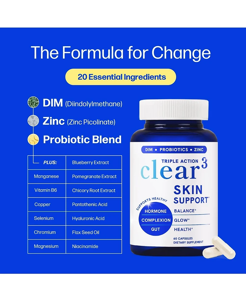 SMNutrition Clear Skin Supplement with Zinc, Dim and Probiotics for Hormone and Gut Support, 60 Count
