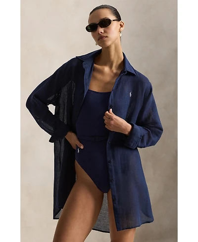 Polo Ralph Lauren Women's Navy Blue Boyfriend Shirt Swimsuit Cover Up