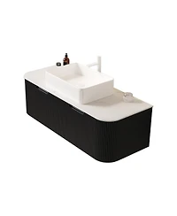 Sillysis Wall Mounted Bathroom Vanity with Ceramic Sink, Matte Stripe Plywood Cabinet, Soft Close Drawer, Pre-assembled