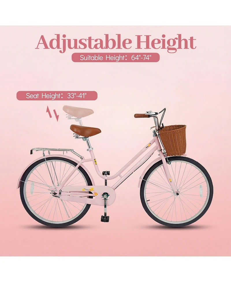 Gymax Beach Cruiser Bike w/Adjustable Seat Woven Basket and Rear Rack
