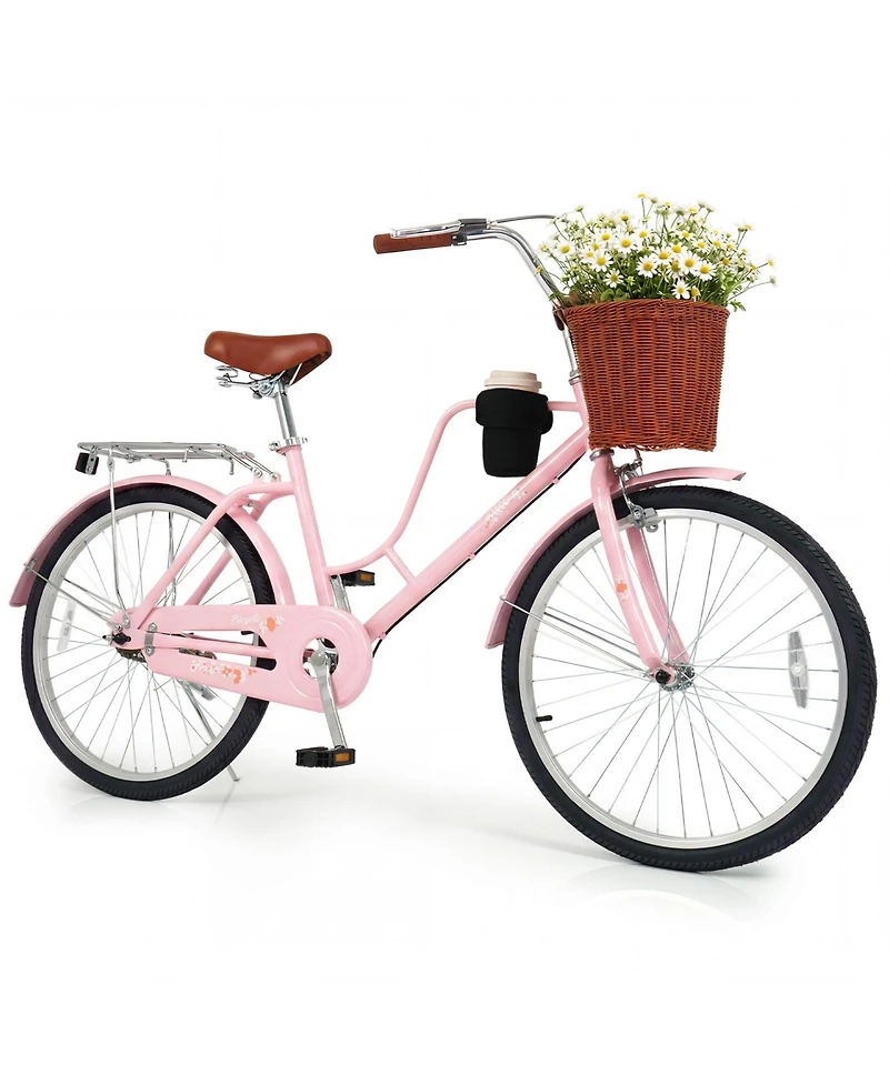 Gymax Beach Cruiser Bike Commuter Bike w/Adjustable Seat Woven Basket for City