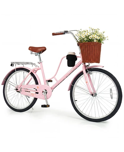 Gymax Beach Cruiser Bike Commuter Bike w/Adjustable Seat Woven Basket for City