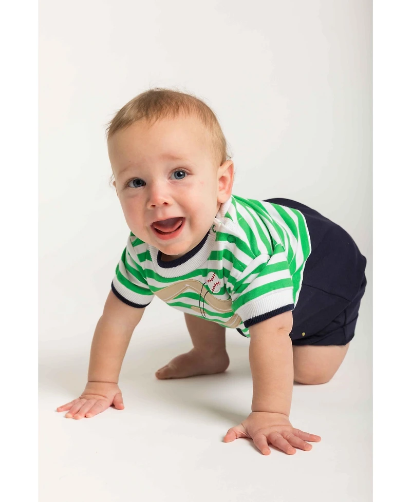 Florence Eiseman Baby Boys Stripe Knit Shortall With Baseball Field