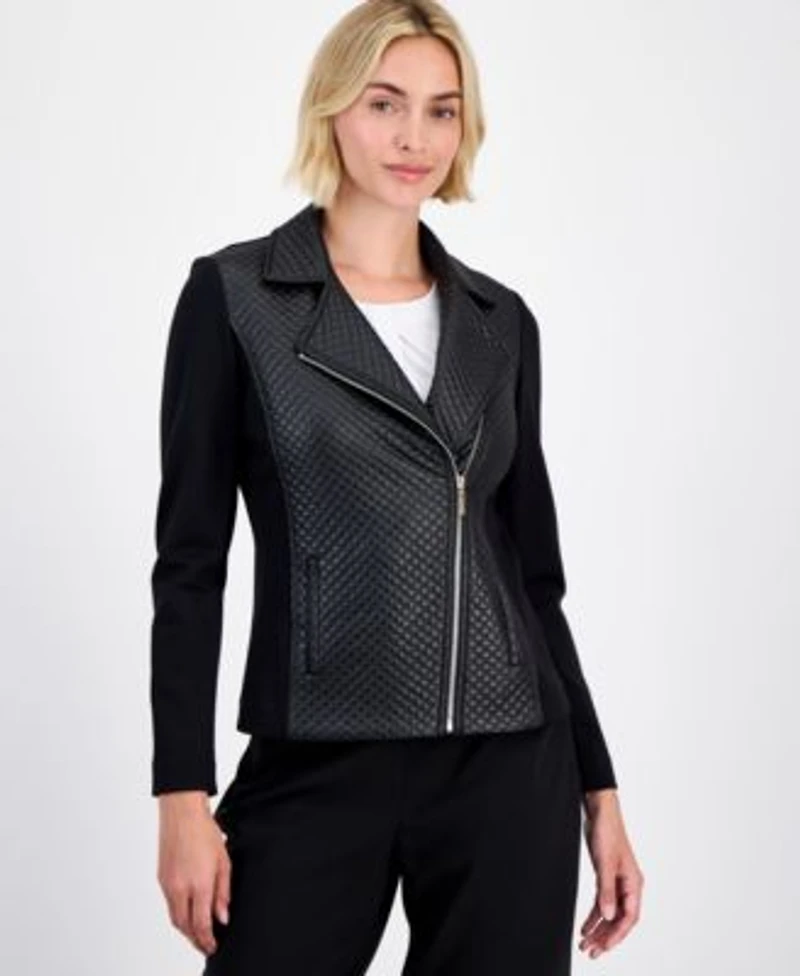 Anne Klein Womens Faux Leather Moto Jacket