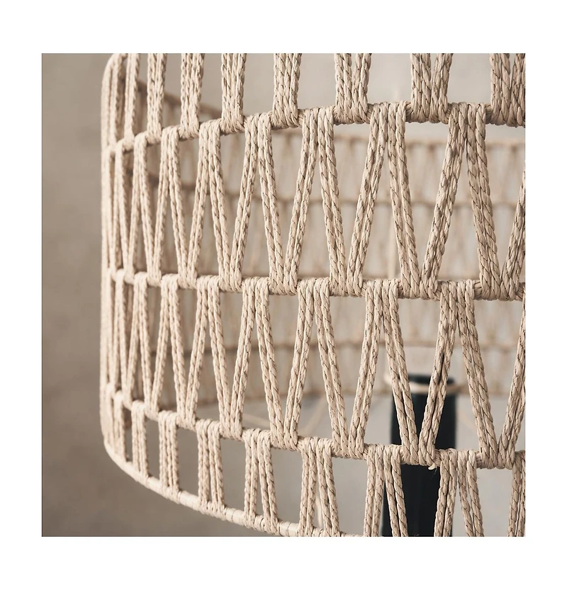 Modern Tripod Floor Lamp with Rattan Shade and Dual Shelves