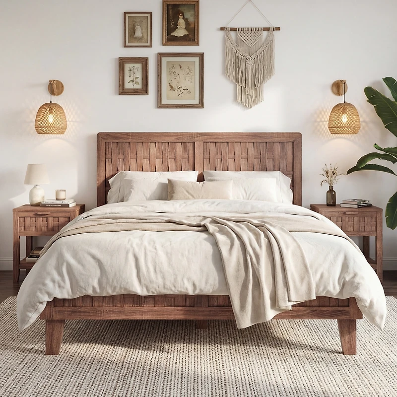 Costway Bed Frame with Woven Accent Headboard and Footboard, Wooden Slat Support