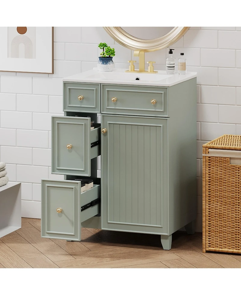Phying 24 Inch Bathroom Storage Vanity Cabinet with Ceramic Sink 2 Drawers and Single Door Modern Home Bathroom Furniture
