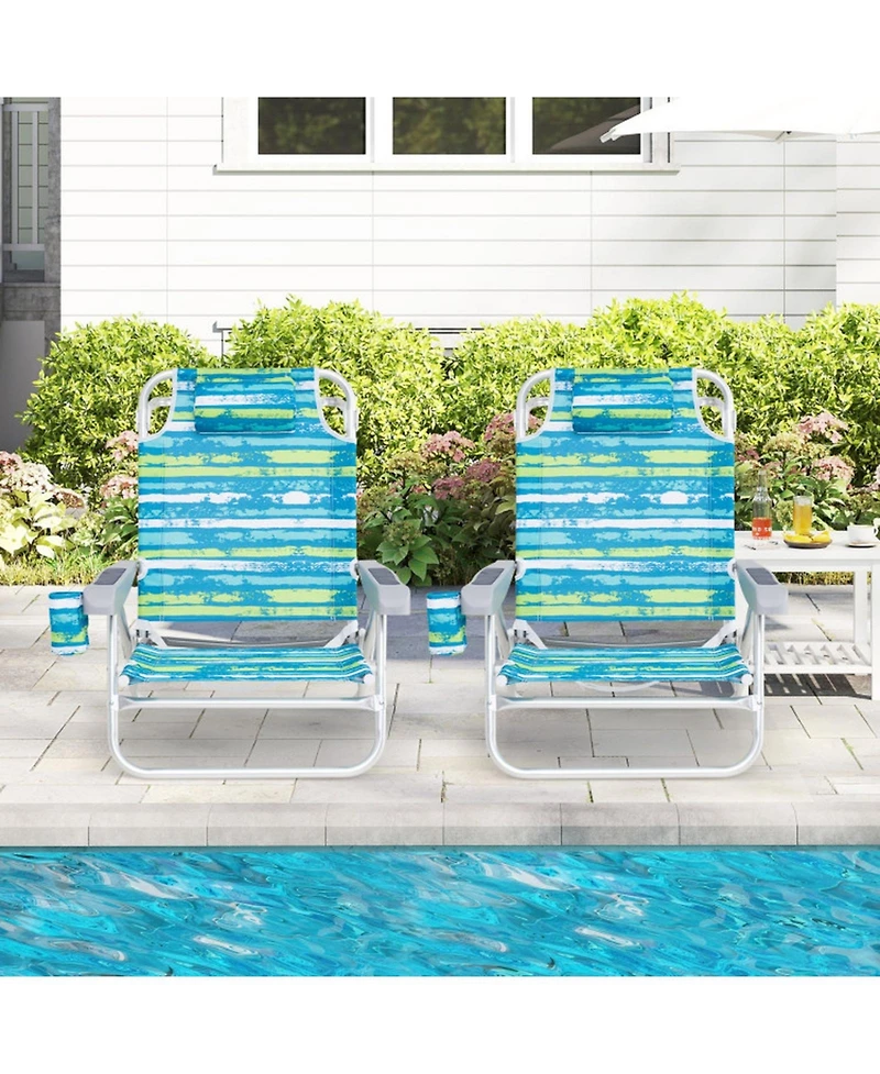 Gouun 2 Pack Folding Beach Chairs with 5-Position Lay-Flat Backrest, Headrest and Cup Holder