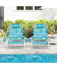 Gouun 2 Pack Folding Beach Chairs with 5-Position Lay-Flat Backrest, Headrest and Cup Holder