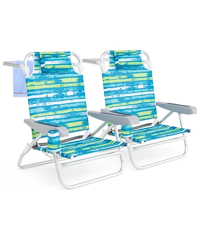 Gouun 2 Pack Folding Beach Chairs with 5-Position Lay-Flat Backrest, Headrest and Cup Holder