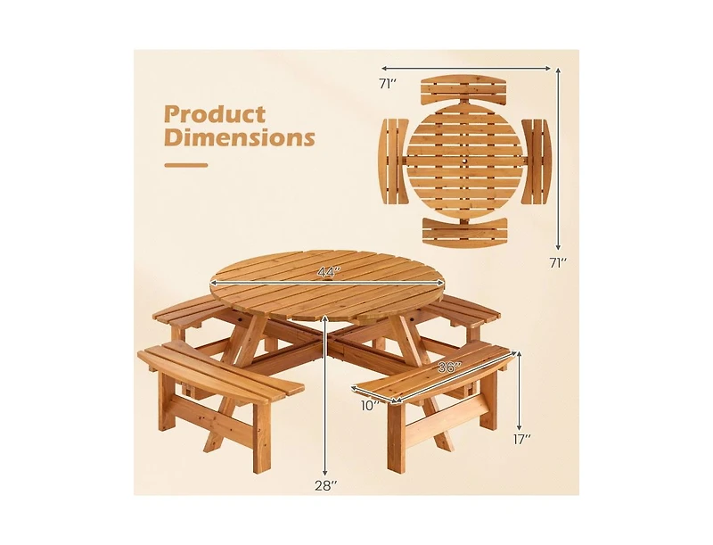 Mondawe 8-Person Round Picnic Table Set Circular Patio Dining Camping Table with Benches