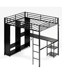 gaomon Queen Size Loft Bed with Desk and Storage Shelf, Heavy-Duty Metal Bed Frame Equipped with Wardrobe, Clothes Hanging Rod, Guardrail and Ladder