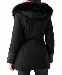 Guess Women's Pleather Sleeve Detailed Faux-Fur Hooded Puffer Coat