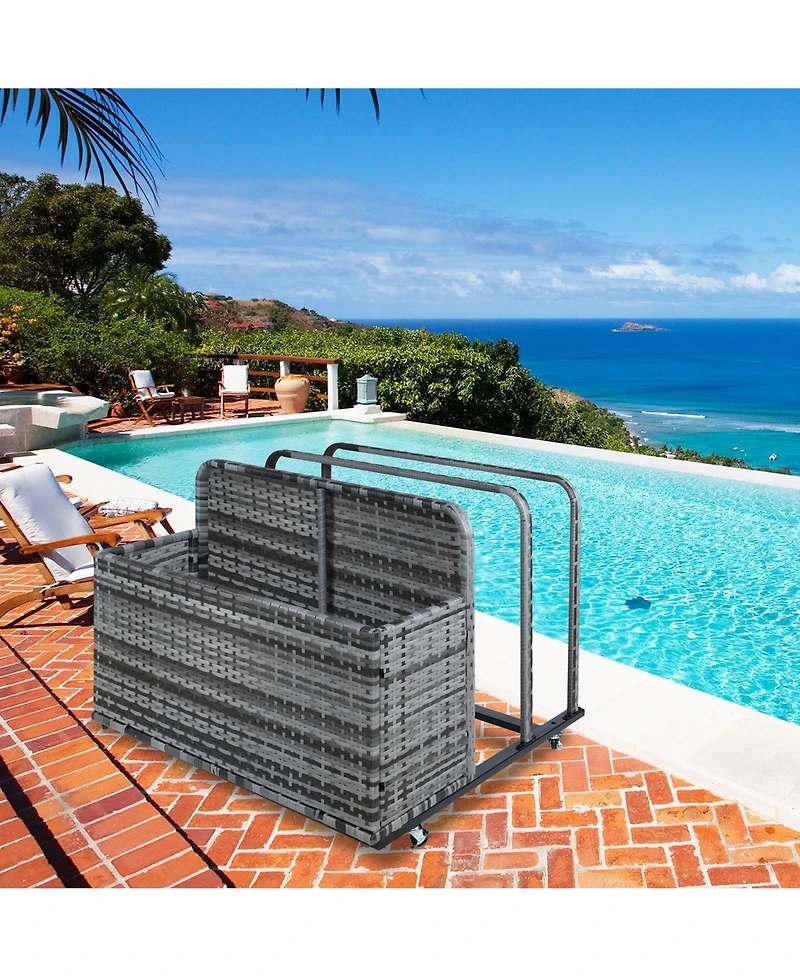 gaomon Pool Float Storage Box with Wheels, Double Layer Pe Rattan, Water-Resistant, Fold-Out Shelves, for Poolside and Patio