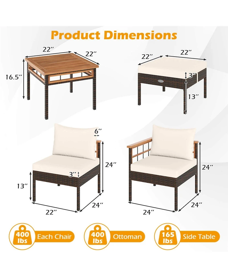 Costway 7 Pcs Wicker Furniture Set with Ottomans Side Table Acacia Wood Tabletop Armrests