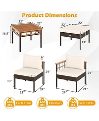 Costway 7 Pcs Wicker Furniture Set with Ottomans Side Table Acacia Wood Tabletop Armrests